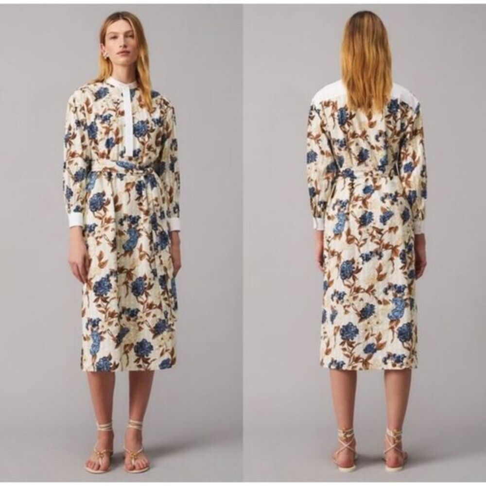 Tory Burch Dress XL Floral Tunic Midi Shirtdress Round Neck Long Sleeve Toile